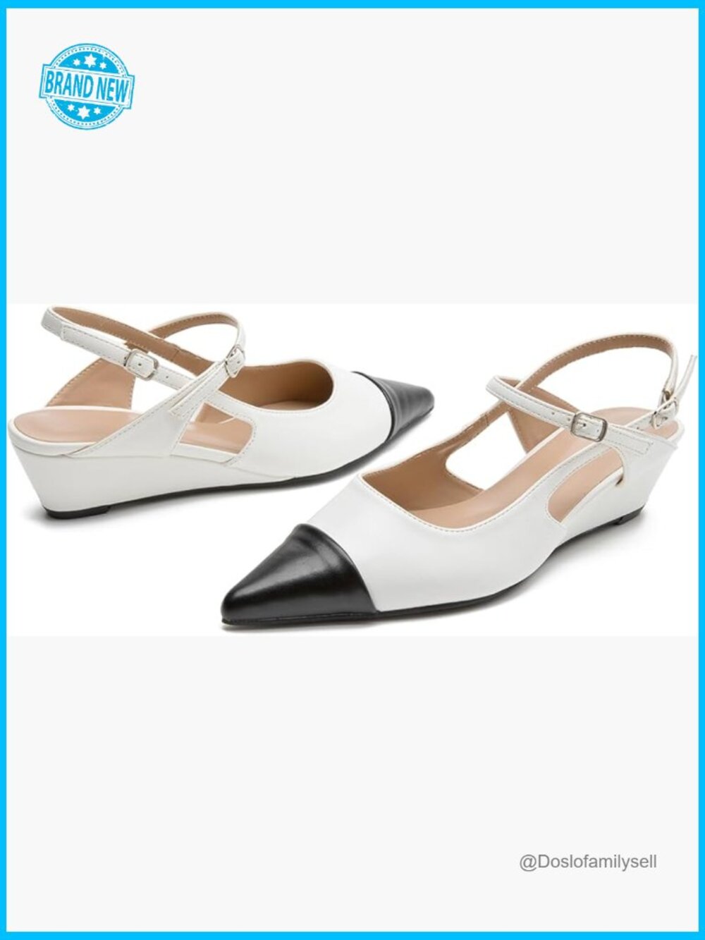 Low Heel Slingback Wedge Pumps Pointed Toe Jane Pumps Adjustable Ankle Strap